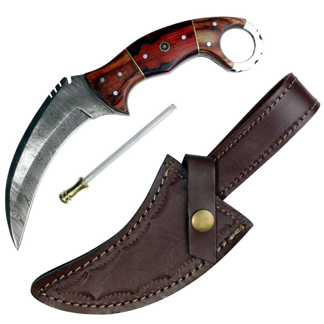 9" Damascus Blade w/Red & Black Emblem w/Leather Sheath
