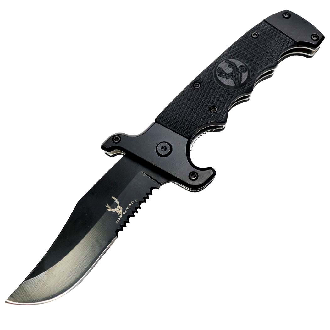 9" All Black Serrated Blade Spring Assisted Folding Knife With Belt Clip