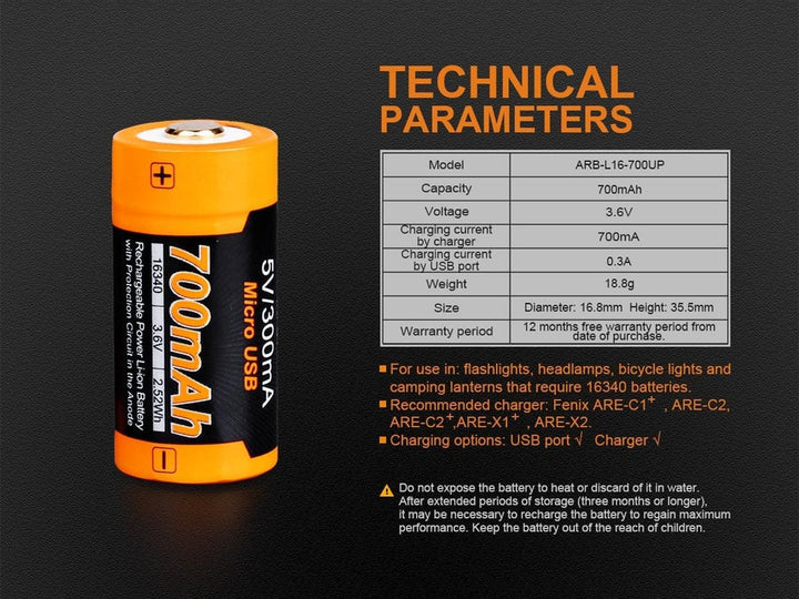 700 mAh 16340 Battery With Built In Charging Port