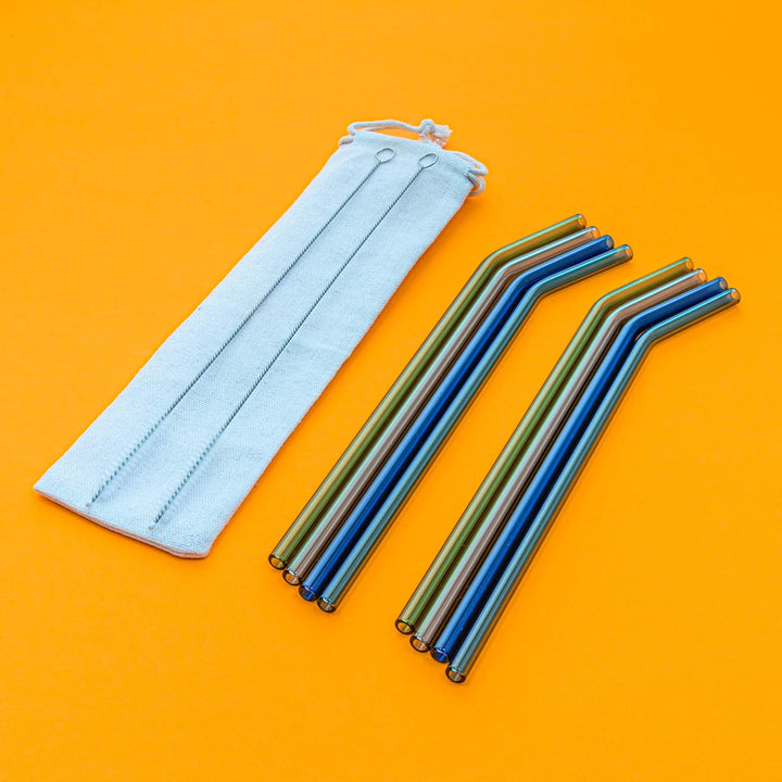 Assorted Color Bent Glass Straw Set with Nylon Cleaning Brushes