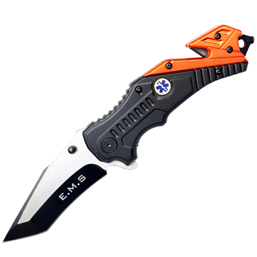8" Two Tone Blade Orange & Black Spring Assisted Folding Knife Aluminum Handle With Belt Cutter