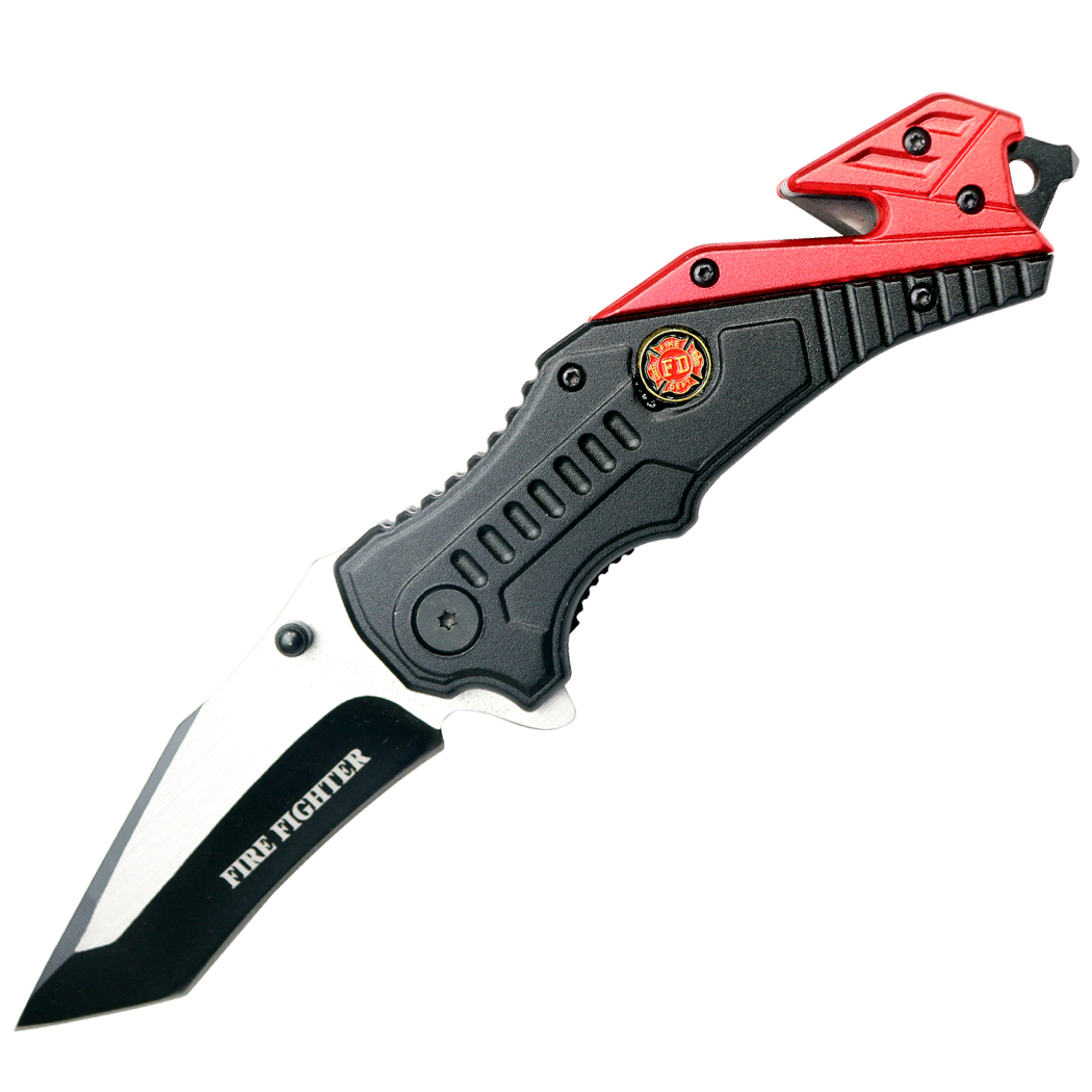 8" Two Tone Blade Red & Black Spring Assisted Folding Knife Aluminum Handle With Belt Cutter