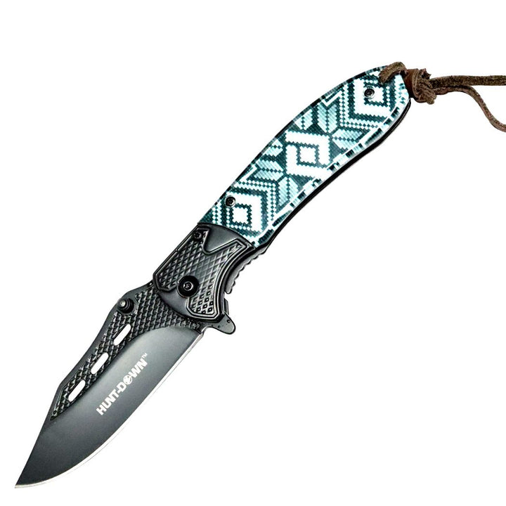 8" Spring Assisted Folding Knife Stone-wash Black Blade Designer Handle
