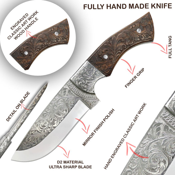 10" Engraved Blade Rose Wood Handle Custom Hand Made Tracker Hunting knife With Sheath